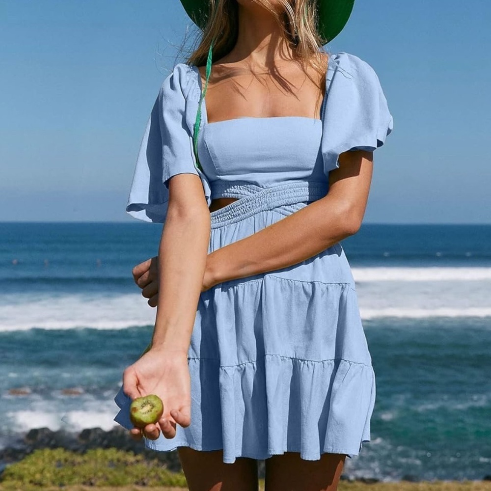 Shy Velvet Tiered Crossover Cutout Puff Sleeve Mini Dress Size S